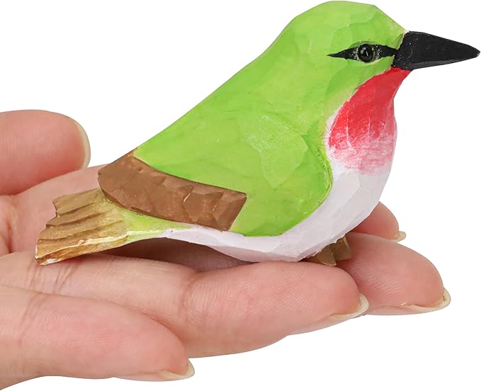Wooden Hummingbird Figurine, Hand-Carved Ruby-Throated Green Miniature Bird Sculpture, Wooden Mini Handmade Ornament, Small Wildlife Nature-Inspired Rustic Art Collectible for Gift, Home, Garden Decor