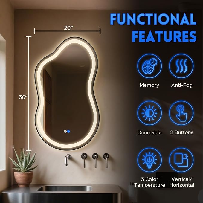 Dorlicecass Irregular Led Bathroom Mirror- Black 20"x36" Single Piece Vanity Mirror with Lights IP54 Enhanced Anti-Fog, 3 Colors Dimmable, Memory,Tempered Glass,UL Listed