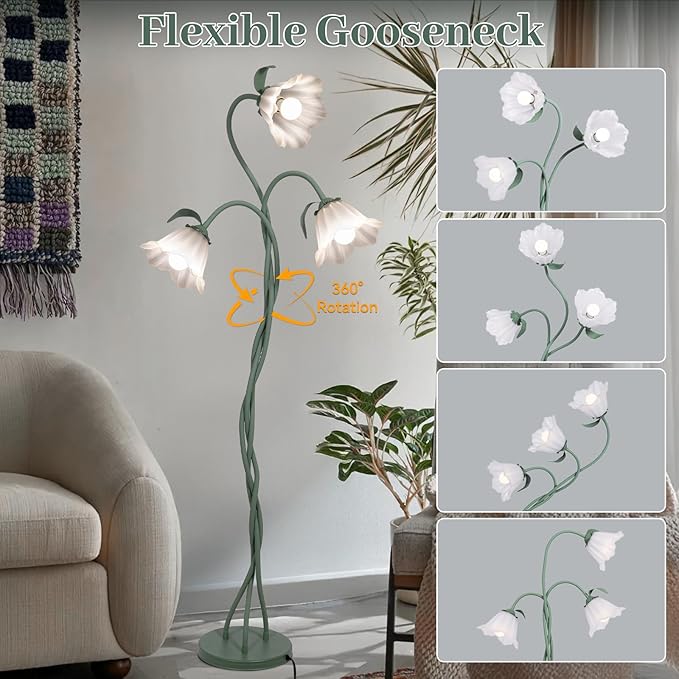 Elaruslux Vintage 3 Heads Flower Floor Lamp with Adjustable Gooseneck Corner Standing Tall Floor Lamp 3 Color Modes for Living Room Bedroom Reading Decoration Vine Floral Lamp with Lily of The Valley