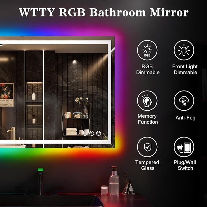 WTTY LED Bathroom Mirror 55"x36" with RGB Backlit and Front Light,Stepless Dimmable LED Mirror for Bathroom,Colored Lighted Bathroom Vanity Mirror,Anti-Fog,Memory Function,Shatter-Proof