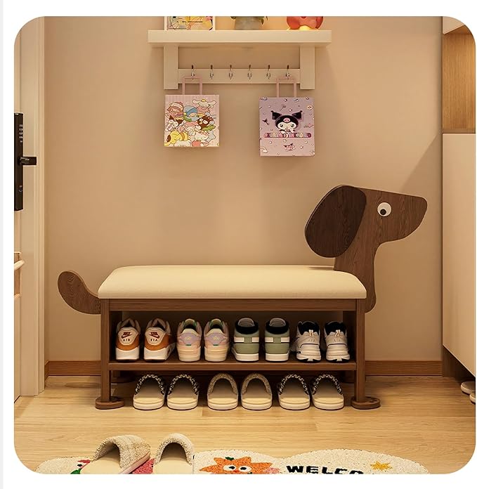 SOBIBO Shoe Bench with Cushion, 2-Tier Dog Entryway Bench Cute, Wood Shoe Rack Bench,31.5 inches