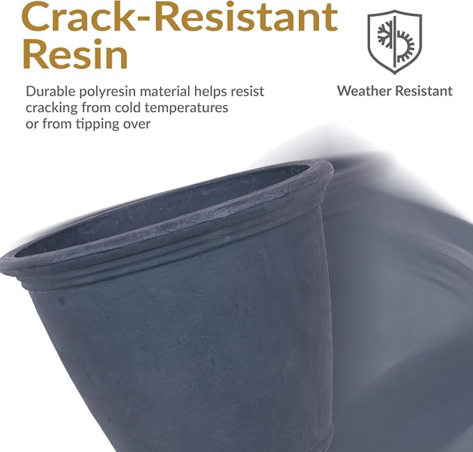 Sunnydaze 20-Inch Anjelica Large Plastic Pot for Plants - Double-Walled Outdoor Polyresin Round Planter Porch Pot with Drillable Drainage Holes - Slate - 2pk