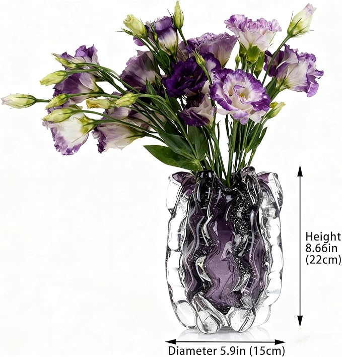 Blown Glass Bubble with Ruffled Edge Vase, Art Glass for Home Decor, Tall Vases for Centerpieces & Flowers, Crystal-Like for Bouquets & Pampas Grass, Vases Amber, Flower Bouquet Display (Purple, S)
