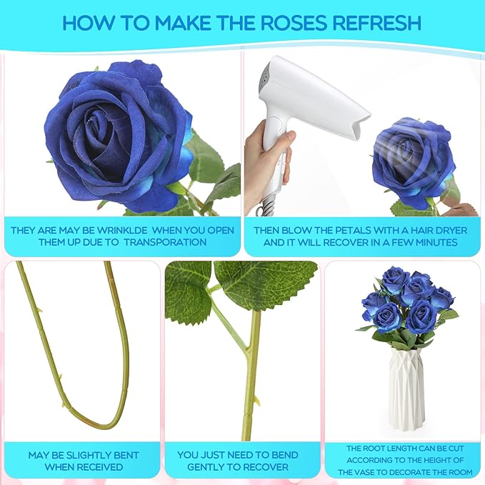 Jexine 50 Pcs Artificial Rose Flower Bulk Realistic Silk Fake Roses with Long Stem Plastic Artificial Flower Bouquet Real Looking for Home Wedding Centerpieces Party Decoration(Blue)