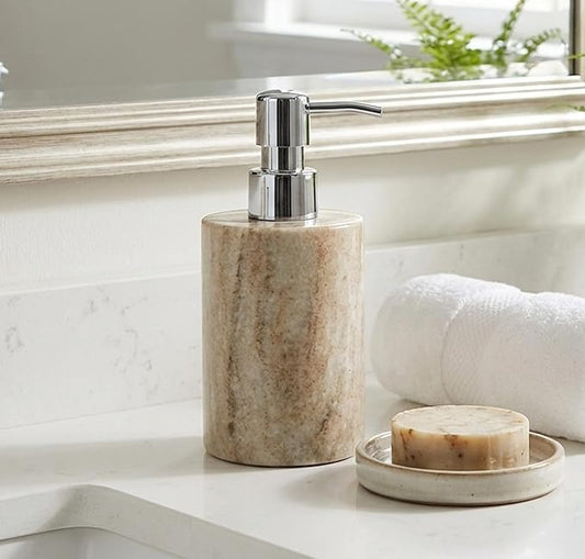 KLEO Soap Dispenser Lotion Dispenser - Made of Natural Stone - Luxury Bathroom Accessories Bath Set (Brownish)