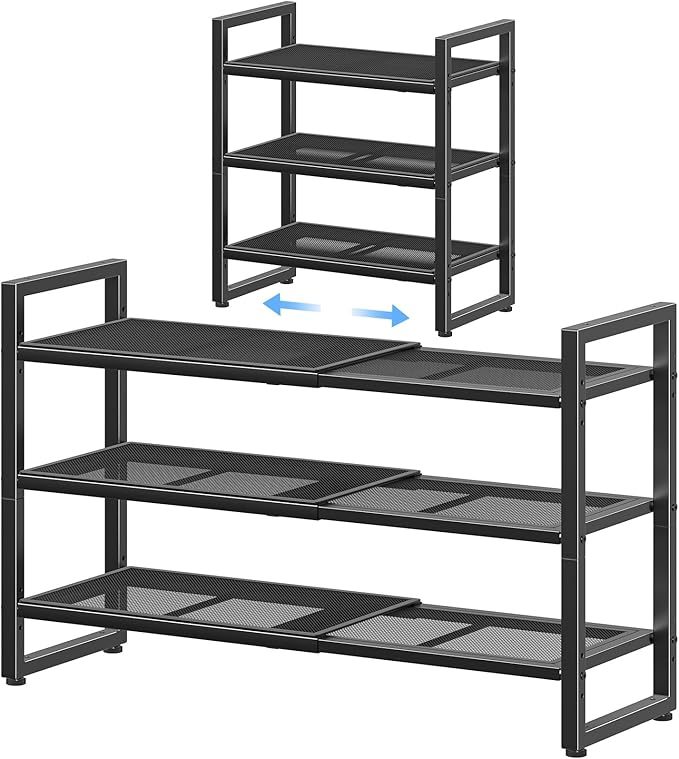 Simple Trending 3-Tier Expandable Shoe Rack, Adjustable & Stackable Shoe Organizer, Metal Mesh Free Standing Shoe Shelf Storage for Closet Entryway Doorway, Black