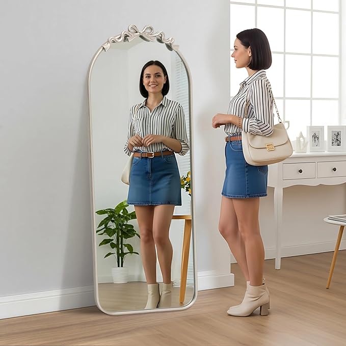 Besdomus Arched Mirror Full Length: 21"x56" Bow Champagne Silver Large Floor Standing Mirror - Antique Baroque Traditional Ornate for Entryway/Cloakroom/Bedroom - Home Decor for Fashion-Conscious
