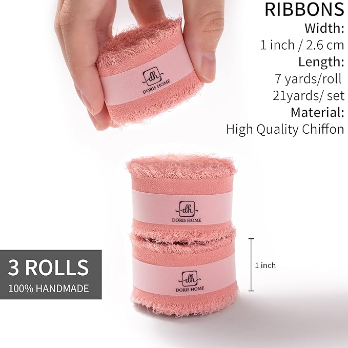 DORIS HOME Dusty Rose Chiffon Ribbon for Flower Bouquet, 1" x21Yd Fabric Ribbon for Gift Wrapping, Handmade Frayed Ribbon for Wedding Invitations/Christmas Decorations