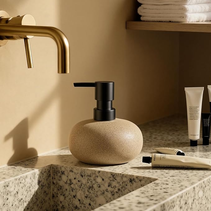 Bathroom Countertop Soap Dispensers Set, 300ml Ceramic Soap Dispenser with Amber Glass Bottle & Black Tray, Brown Ceramic Hand Soap Dispenser for Kitchen and Bathroom Counter