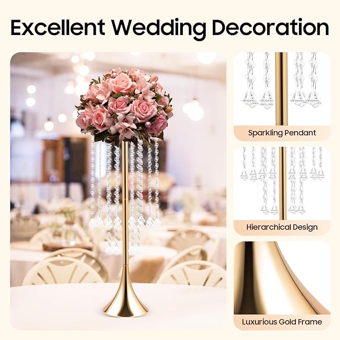 10 Pack Acrylic Crystal Flower Vases, Trumpet Shape Centerpiece with Hand-Strung Beads, Flower Stand Wedding Centerpieces on Floor for Wedding Aisle Decor, Event Centerpieces Decoration (Gold)