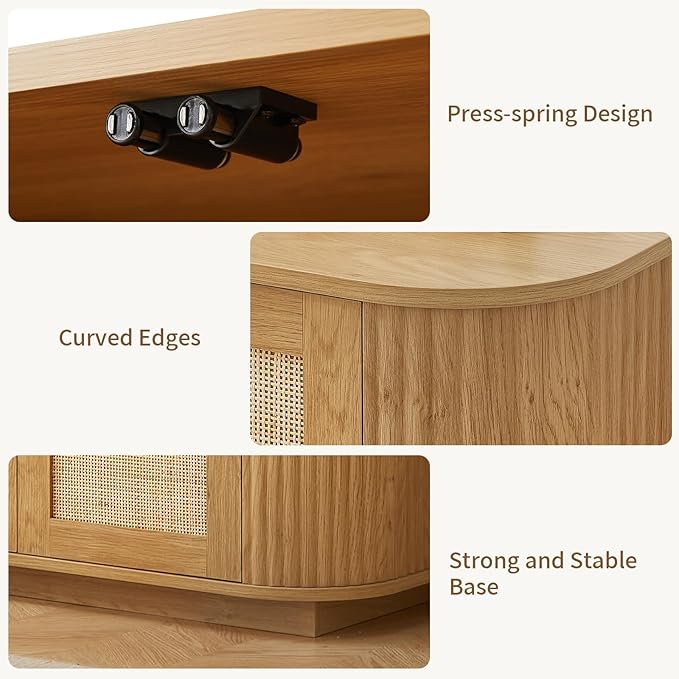 64" Sideboard Buffet Rattan Cabinet, Modern Fluted Credenza with Adjustable Shelves, Wooden Storage Cabinet TV Stand for Living Room Kitchen Dining Room Hallway, Natural