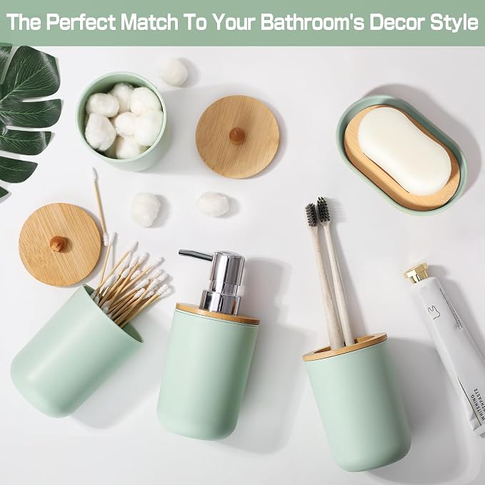 Green Bathroom Accessories Set 5 Pcs, Plastic Sage Green Bathroom Decor, Lotion Soap Dispenser and Toothbrush Holder Set, Qtip & Cotton Ball Holder, Green Bathroom Set, Boho Bathroom Decor