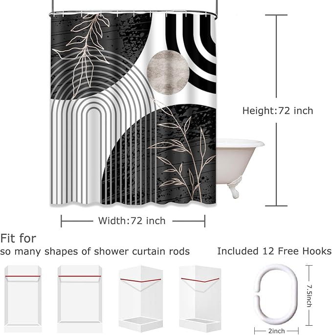 Emvency Shower Curtain Boho Palm Leaves Bohemian Mid Century Botanical Sun Modern Aesthetic Arch Curve Black Bathroom Home Decor Waterproof Polyester Fabric 72 x 72 inches Set with Hooks