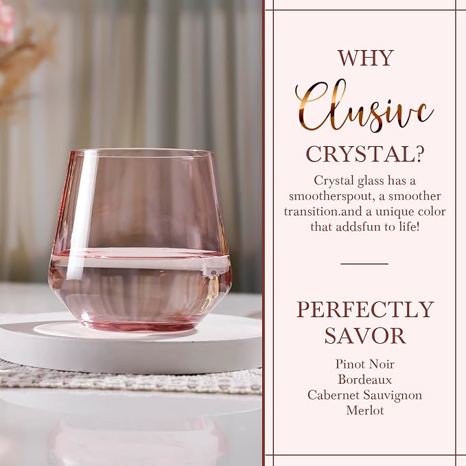 Pink Stemless Wine Glass Set of 6-14oz Wine Glasses, Stemless Drinking Glasses for Wine, Cocktails & Beverages - Elegant Glassware for Home, Bar & Holiday Use