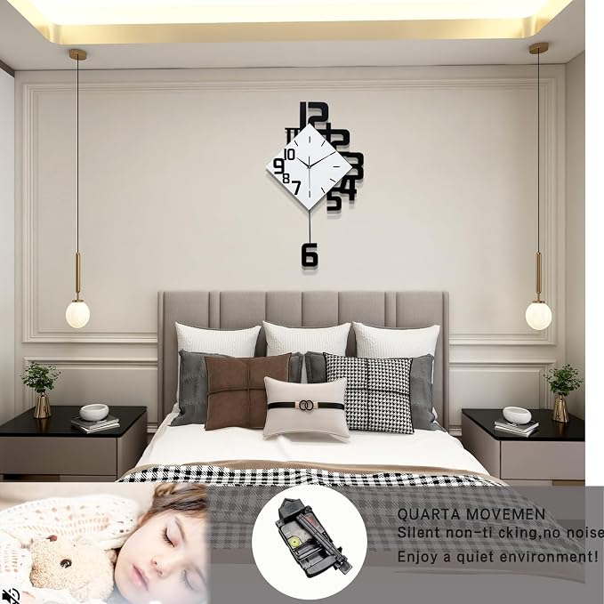 FLEBLE Modern Large Wall Clocks for Living Room Decor Big Silent Pendulum Wall Clock Battery Operated for Office Kitchen Bedroom Home Decoration Wooden 30 Inch Giant White Wall Watch Clock Non-Ticking