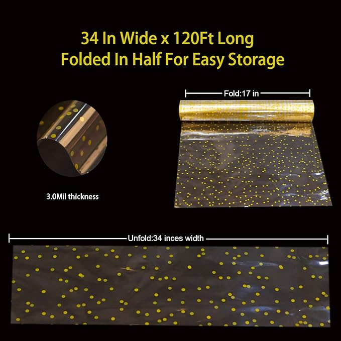 CMFYHM Clear Cellophane Wrap Roll(34" x 120’Ft) 3Mil Gold Polka Dot Cellophane, Cellophane Gift Wrap Roll, Cellophane Wrap for Gifts, Baskets, Flowers, Party Decorations