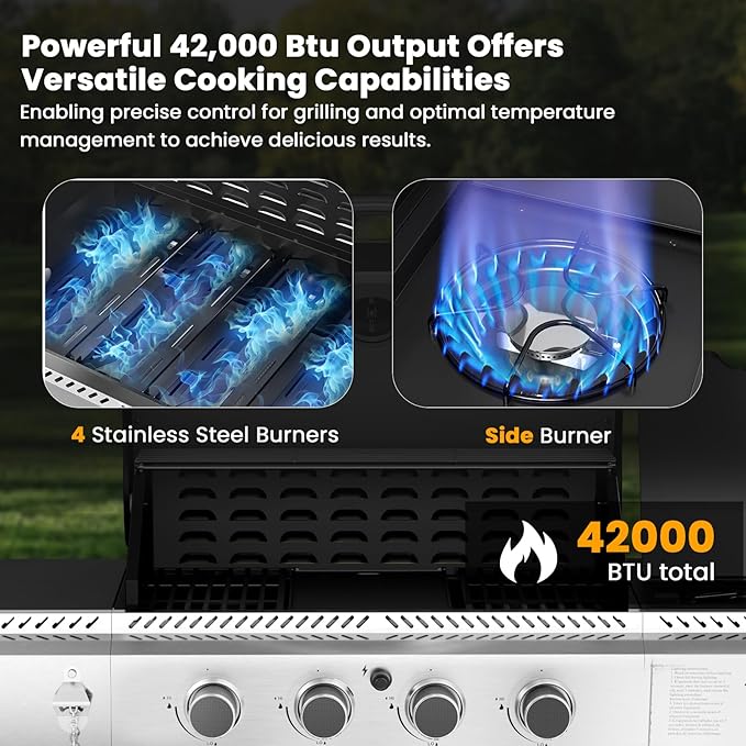 Electactic G41 Gas Grill,4-Burner Gas BBQ Grill with Side Burner, Porcelain-Enameled Grills, 42,000 BTU Stainless Steel Propane Grill for Outdoor Cooking and Patio Barbecues