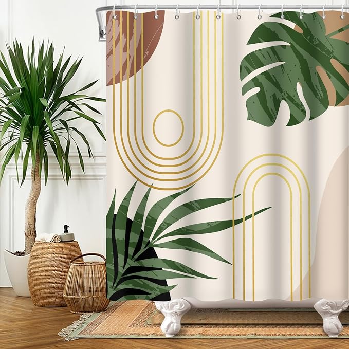 Boho Sage Green Shower Curtain Bohemian Mid Century Geometric Abstract Curve Bathroom Curtain Palm Leaf Polyester Shower Curtain Sets for Bathroom Extra Long 72x78 in with 12 Hooks
