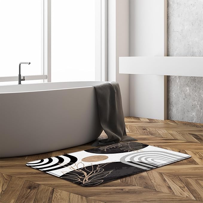 Boho Mid Century Bath Mat Black White Moern Minimalist Leaves Arch Abstract Retro Bathroom Mat Rug Memory Foam Doormat，19.7x31.5 Inch