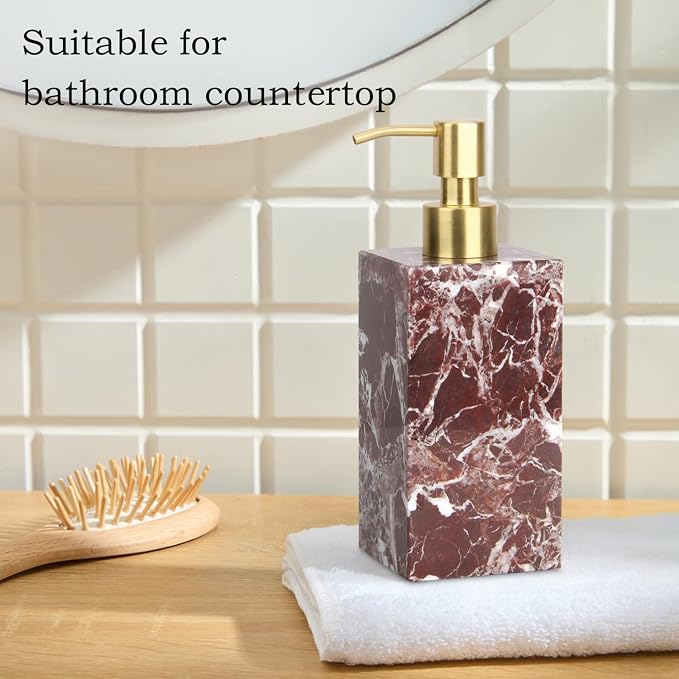 Natural Marble Soap Dispenser for Bathroom and Kitchen Countertop - 5.41 Ounces Hand Lotion and Liquid Stone Shampoo Laundry Bottle with Pump (1, Rosso Lepanto, Rectangular Bottle)