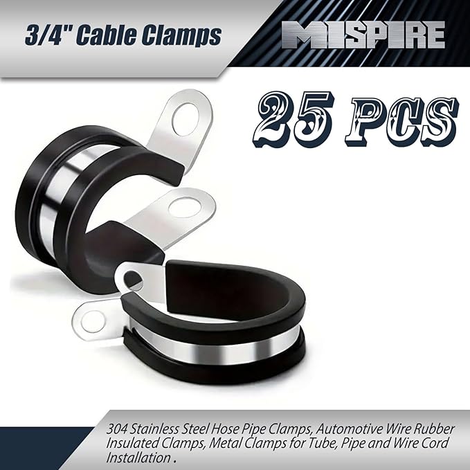25 PCS 3/4 inch Cable Clamps, MISPIRE Stainless Steel Hose Pipe Clamps, Automotive Wire Rubber Insulated Clamps, Metal Clamps for Tube, Pipe and Wire Cord Installation, Black, MI-RC-3/4-25
