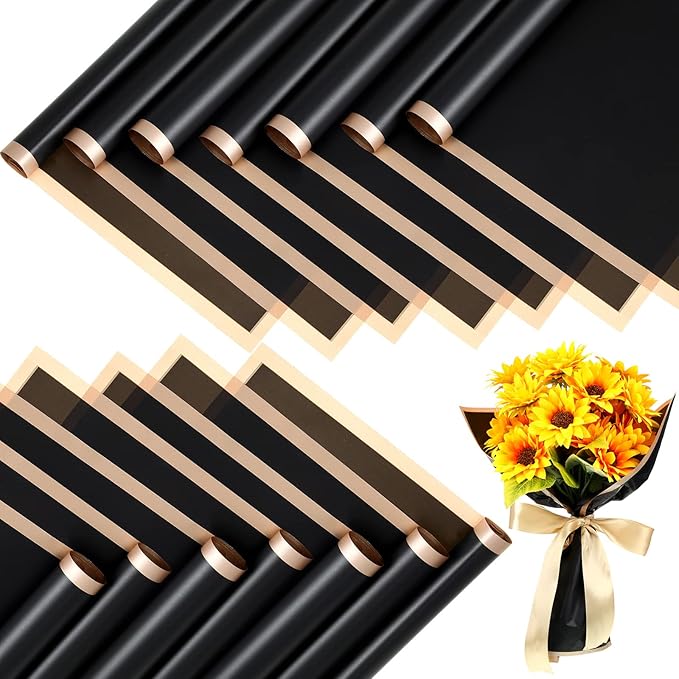 Yahenda 420 Sheet Black Flower Wrapping Papers Flower Bouquets with Gold Edge Korean Style Wrapping Paper for DIY Craft Package Decoration Floral Supplies, 23 x 23 Inch