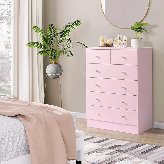 Karl home Pink 6 Drawer Dresser for Bedroom, Tall Dresser Chest of Drawers, Wood Pink Bedroom Dressers for Girls, Anti-Tipping Device, Rose Gold Metal Handle, Living Room, Entryway, Hallway, Office