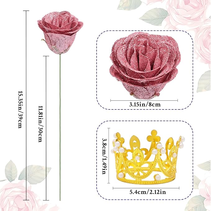 Waipfaru Glitter Roses Bouquet, DIY Fake Flowers Bouquet, Rose Gold Artificial Flower for Mothers Day Gifts, Valentines, Anniversary, Engagement, Wedding, 24 Pcs