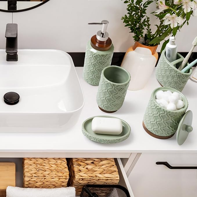RQYIXI Elegant 5 PCS Ceramic&Wood Bathroom Accessories Set:Soap Dispenser,Toothbrush Holder,Tumbler,Soap Dish,Cotton Swab Jar,Easy to Clean,Quatrefoil Pattern,Green-Affordable Home Luxury