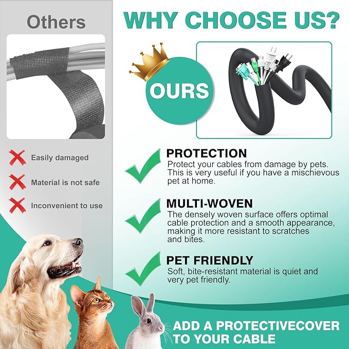 UOMTFAI Dog Cat Cord Protector 10ft - 1/2inch, Flexible Cable Sleeve for Easy Cord Management, Protects Cables from Pets Chewing, Ideal for USB, Power, Audio and Video Cords - Black