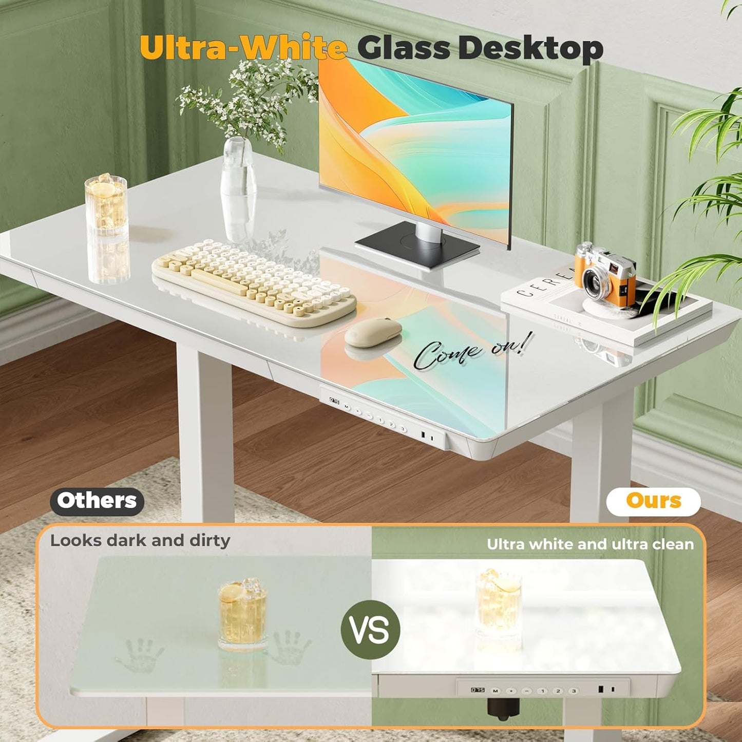 Skiennix Glass Electric Standing Desk - Height Adjustable with Drawer & USB Ports | 35" x 20" White