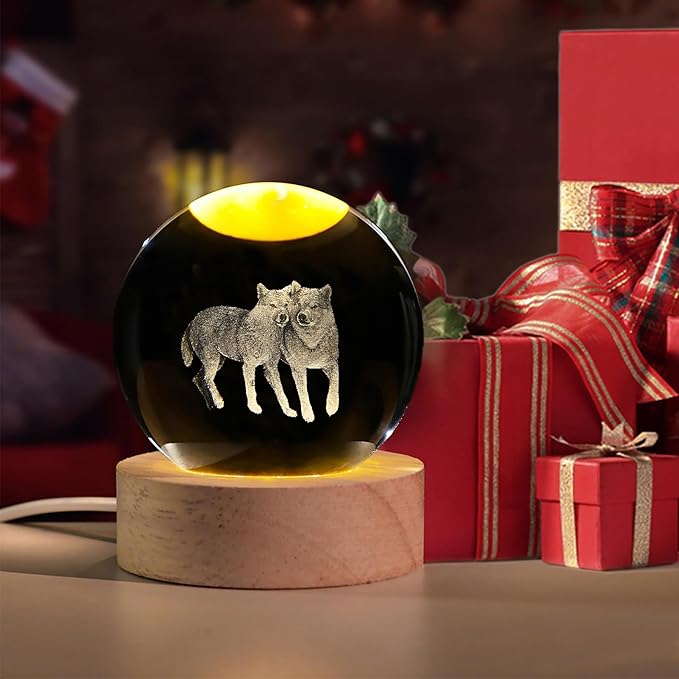 3D Wolf Crystal Ball with LED Light Base, 60mm Glass Sphere Decorative Balls, Wolf Figurine Lamp Gifts for Women Kids