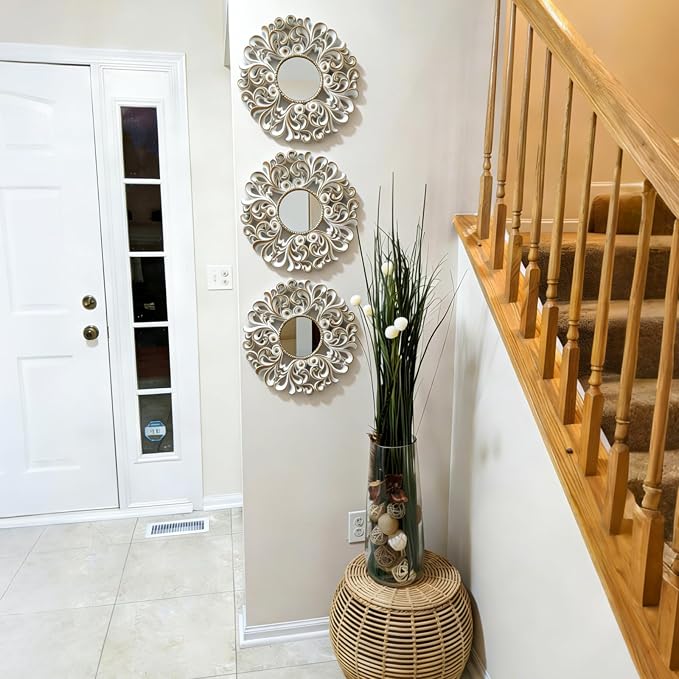 DXYAKY 3 Pack Floral Ornate Decorative Wall Mirror - Elegant White with Gold Accents, 9.8" Plastic Round Mirror Set, Lightweight Wall Art Décor for Bedroom, Bathroom, Living Room & Entryway