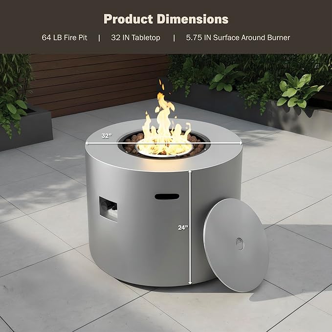 32 Inch Propane Fire Pit Table, 50,000 BTU Round Outdoor Fire Table, Alloy Steel Gas Fire Pits with Waterproof Cover, Lava Rocks and Lid, CSA Certified, for Patio, Deck, Backyard, Gray