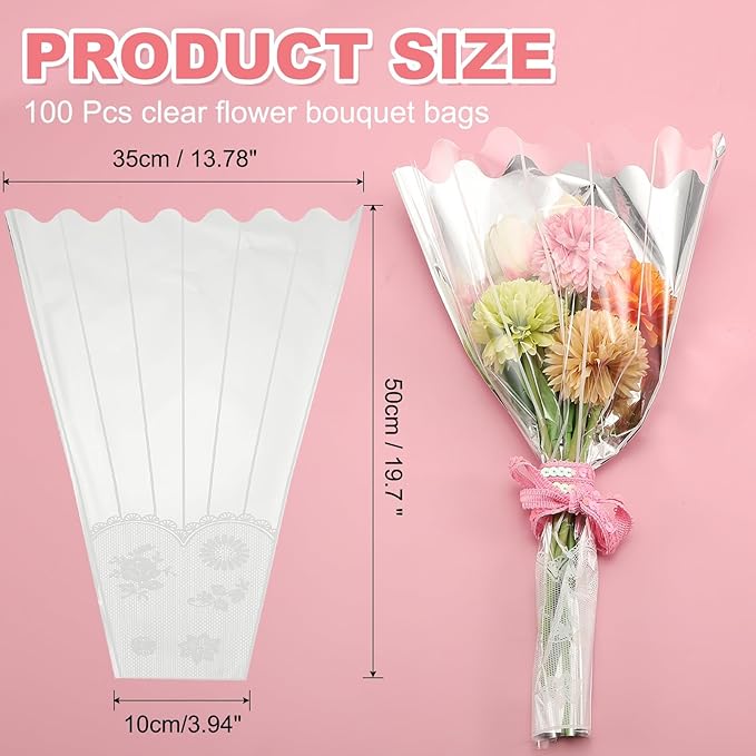 YELARXI Clear Flower Wrapping Bags, Transparent Flower Packaging Bag Waterproof Bouquet Sleeves with Lace - Fitting for (Florists/Floral Arrangements Supplies), 13.8x3.9x19.7 Inch & 100Pcs