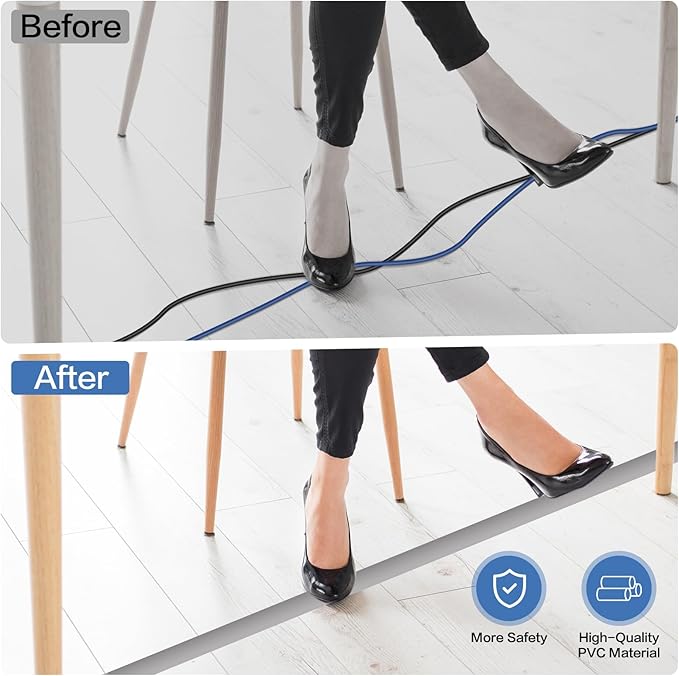 Floor Cord Cover Self Adhesive Cord Hider Floor Extension Cord Covers for Floor Power Cord Protector Cable Management Prevent Cable Trips Cable Cavity 0.51" W x 0.31" H (Grey, 10Ft)