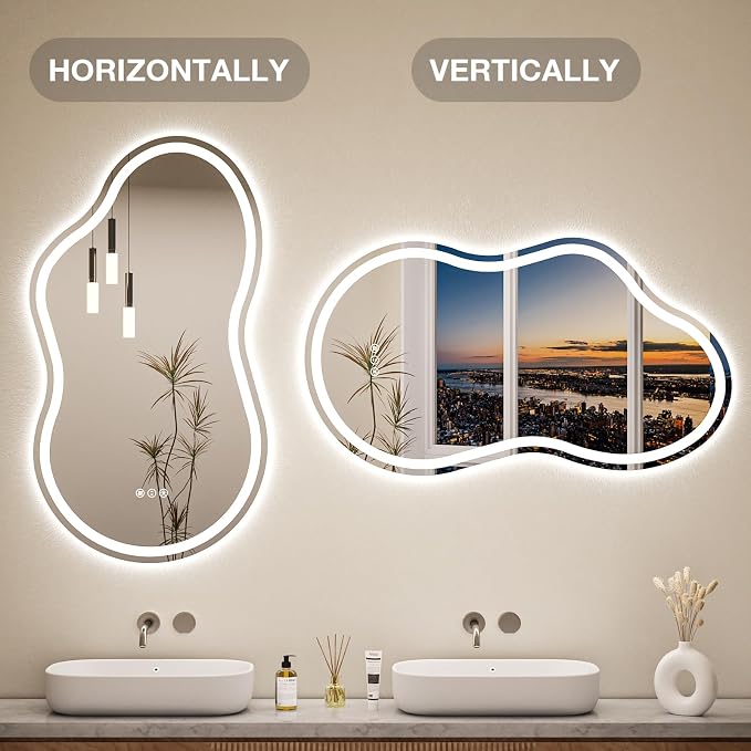 Cloud Shape Asymmetrical LED Vanity Mirror with Lights, 48"x27" Fogless Lighted Bathroom Mirror, 4mm Tempered Glass, Dimmable 3-Color & Memory Function, Wall Mounted (Horizontal/Vertical)