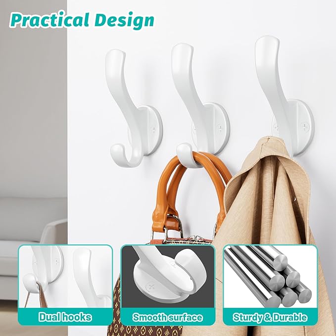 Coat Hooks Heavy Duty - Easy to Install Metal Towel Hooks Fashionable Wall Hooks for Hanging Hat, Towel, Key, Robe, Scarf, Bag, Cap (6 PCS White)