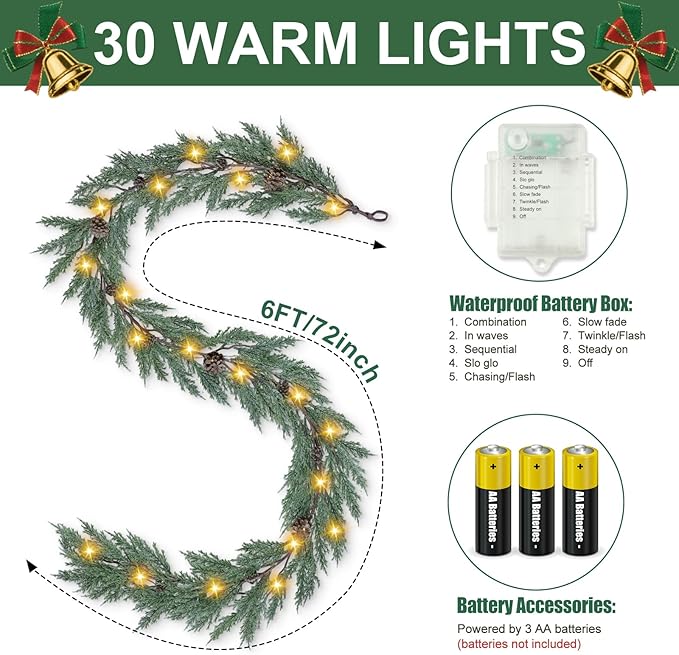 Artgar Christmas Cedar Garland, 6 Ft Realistic Pine Garland, Prelit Christmas Garland with 30 Warm Lights with 8 Light Modes for Mantels Stair Table Indoor Outdoor Winter Xmas Decor (White-Green)