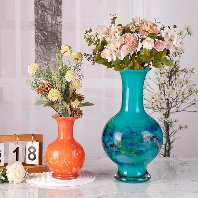 KAMMAK Colored Glass Vase, Beautiful Hand Blown Decorative Vase, Modern Art Vase for Flower Mantle Dining Table Centerpiece, Entryway Living Room Wedding Decoration, HR004
