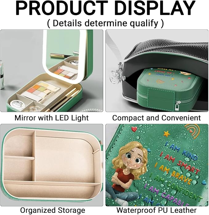 Wrappiness Girls & Women Lovely Makeup Box With LED Mirror - Personalized Jewelry Box Organizer Portable Ideal for Travel, Gift for Daughters Sisters Friends (Kind Smart Loved, Women)