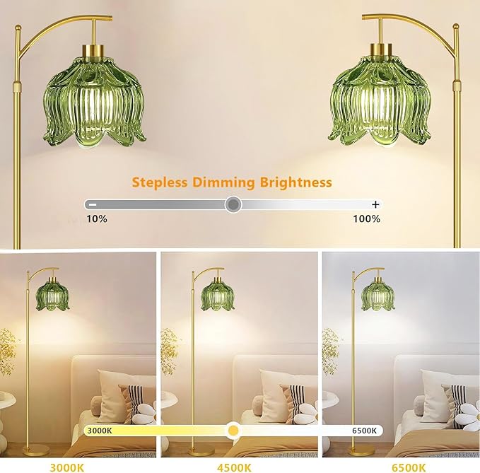 ILLMTW Glass Floor Lamp for Living Room,Bedroom,Gold Mid Century Modern Standing Lamp with Remote,Dimmable Brass Tall Lamp Vintage Tulip Green Arc Flower Floor Light Boho Bohemian
