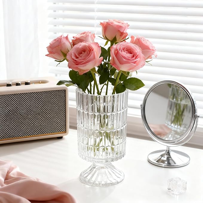 Pedestal Glass Vase, Textured Crystal Vase for Flowers, Bouquet, Vintage Transparent Vases 6.7 Inch, Decorative Flower Vases for Centerpieces, Dining Table, Home Decor, Office, Wedding, Party