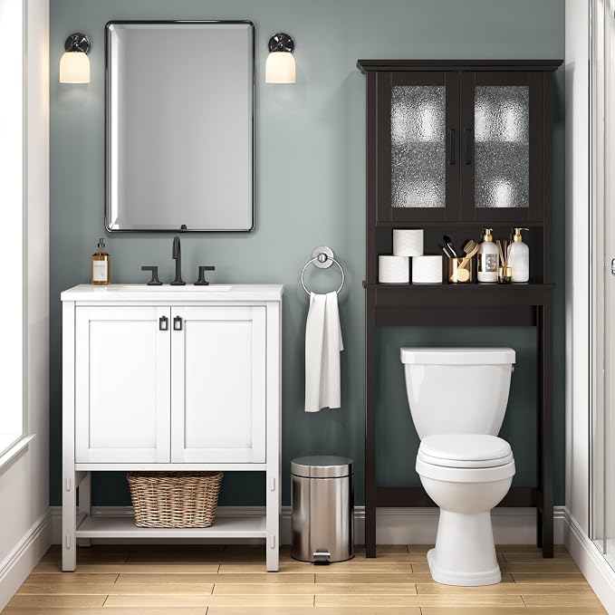 Over The Toilet Storage Cabinet, Over Toilet Bathroom Organizer with Glass Doors and Adjustable Shelf, Thicken Frame Above Toilet Storage Cabinet Behind Toilet Bathroom Organizer, Espresso
