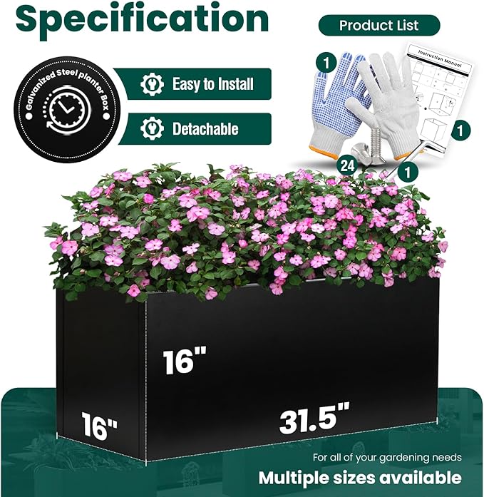 Galvanized Steel Metal Rectangular Planter Black Indoor Planter Box Steel Large Outdoor Planters 31.5" L x 16" W x 16" H Commercial Residential for Patio, Yard, Garden