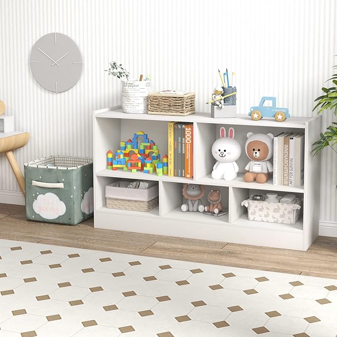 Toy Storage Organizer, 2-Tier Kids Bookshelf, 5 Cube Kids' Bookcases, Cabinets & Shelves, Wooden Toy Organizers, Small Book Shelf for Bedroom, Playroom, Classroom, Nursery (White)