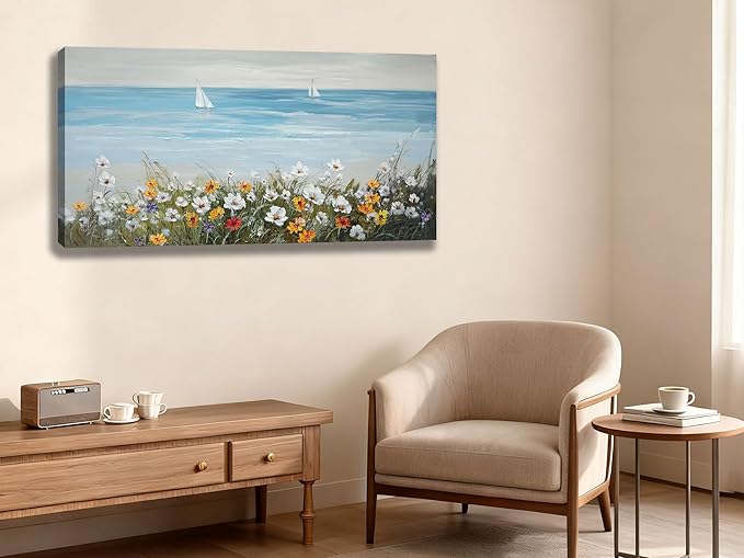 Ardemy Daisy Large Wall Art for Living Room, Floral Canvas Wall Art Ocean Flower Pictures Paintings Wall Decor Living Room Wildflower Artwork Dining Room Home Office Kitchen, 48"x24"