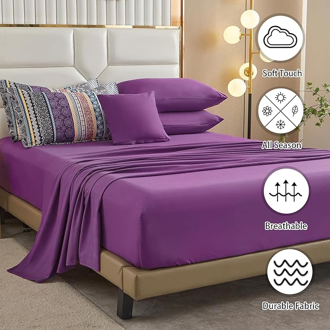 Cottolester Boho Comforter Set Queen Size,8 Piece Bed in a Bag Bohemian Striped Bedding Quilt Set,Purple Paisley Floral Comforter and Sheet Set,Soft Microfiber Complete Bedding Sets for All Season