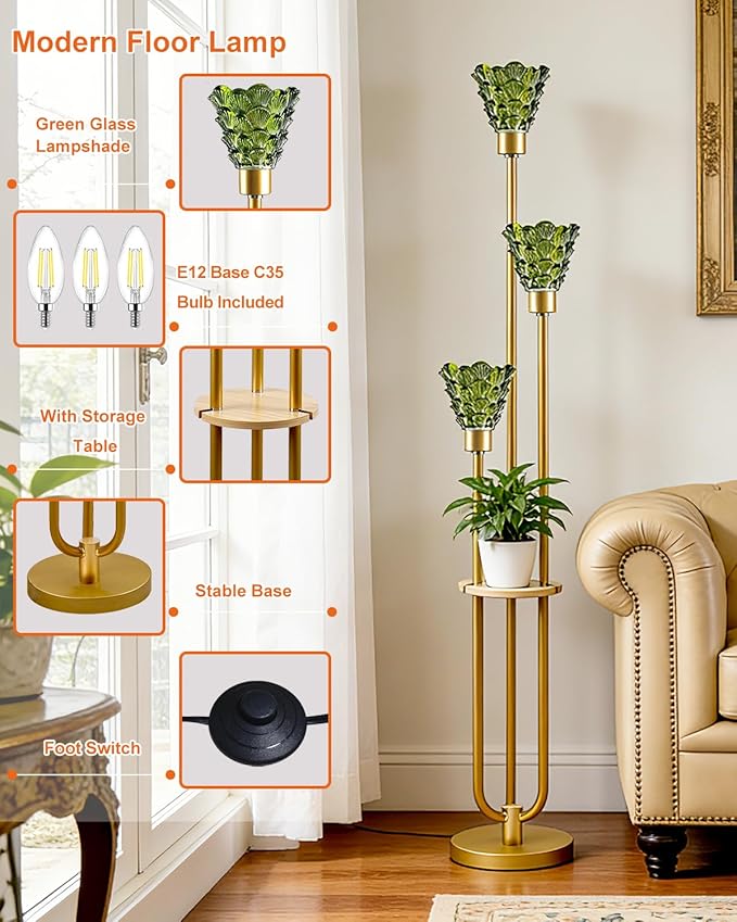 3-Light Modern Glass Floor Lamp with Shelf, Gold Tall Standing Lamp with Green Flower Glass Shade, LED Floor Lamp with Foot Switch& 5Lbs Heavy Base for Living Room Bedroom, Bulb Included