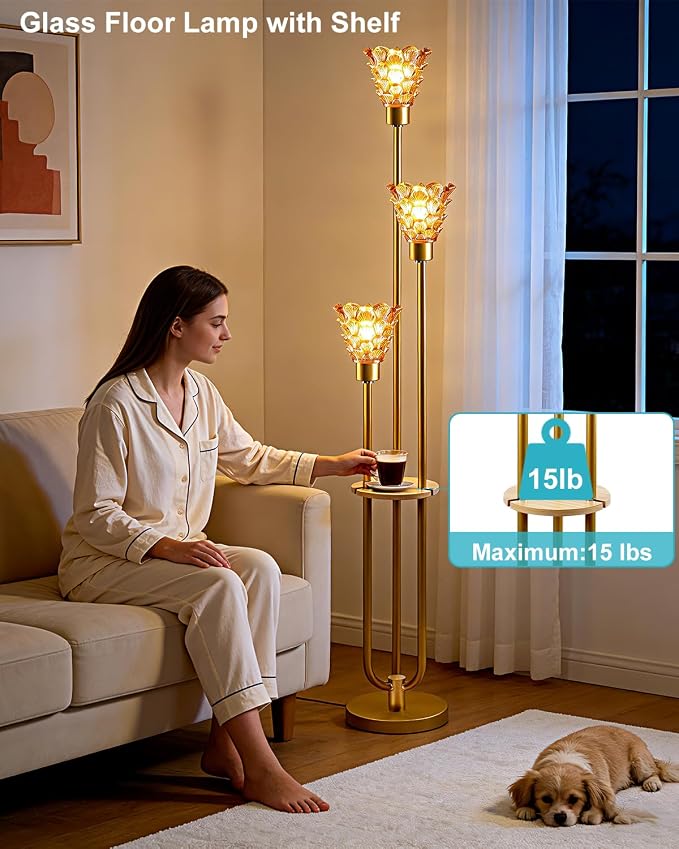 Lightdot Amber Glass Floor Lamp with Shelf, 63IN Mid Century Modern Gold Floor Lamps with 3 3000K Soft Warm White Bulbs Included, Standing Tall Lamp with 5Lbs Heavy Base for Living Room/Wedding/Office